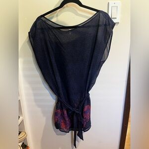 Flounce Navy Sheer Tunic with Floral Details